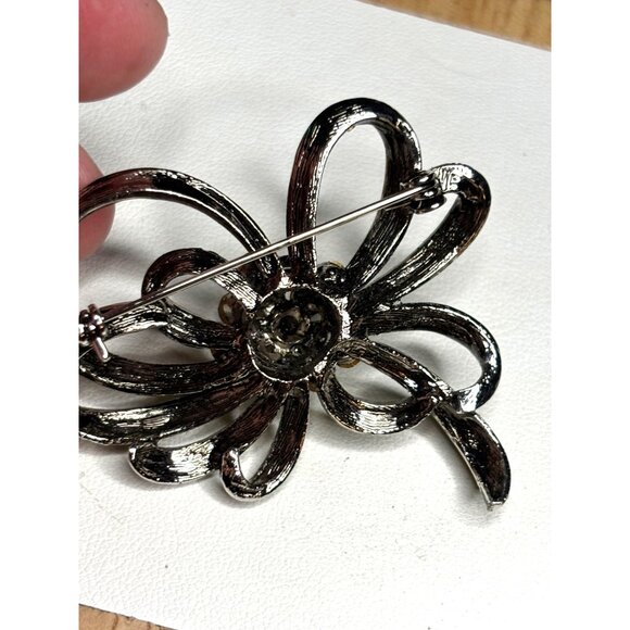 Vintage Rhinestone Bow Brooch Pin With Yellow & Clear Crystals - Picture 6 of 8